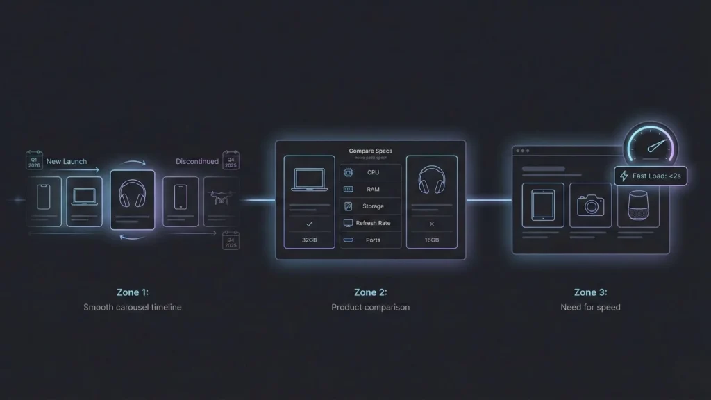 Electronics ecommerce interface showing product lifecycle timelines, detailed spec comparison tables, and fast-loading product sections under two seconds.