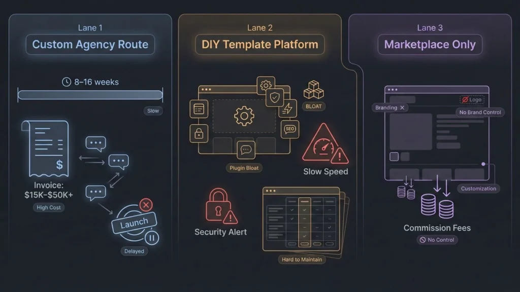 Comparison of three ecommerce paths for electronics retailers: custom agency builds, DIY template platforms with plugin bloat, and marketplace-only selling with limited brand control.