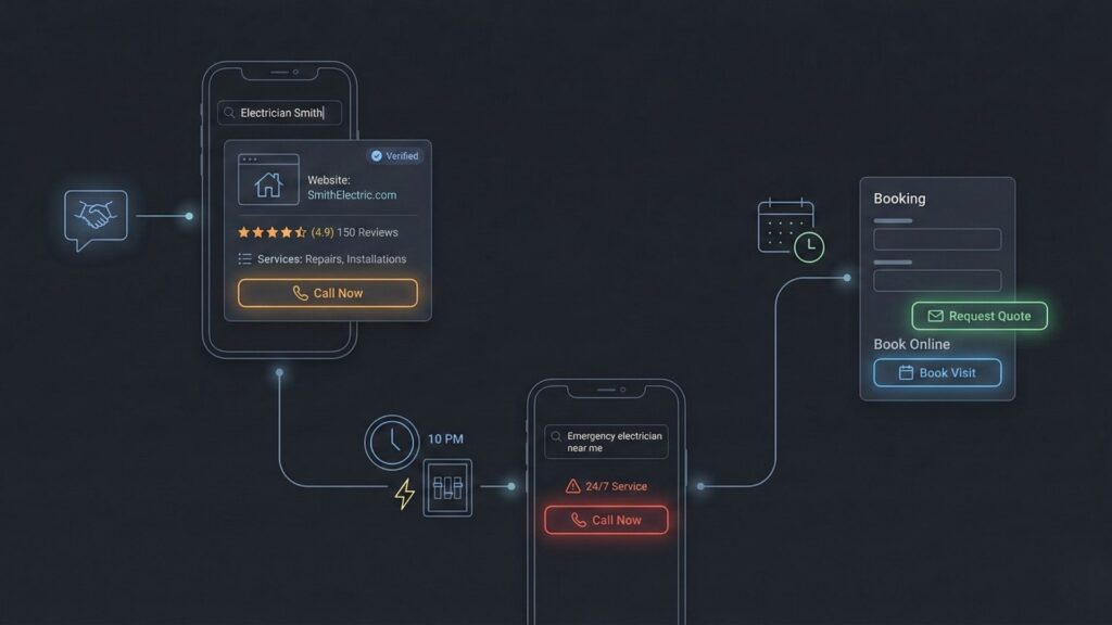 Mobile user searching for an emergency electrician, calling instantly, and booking a service visit through an automated electrician website.