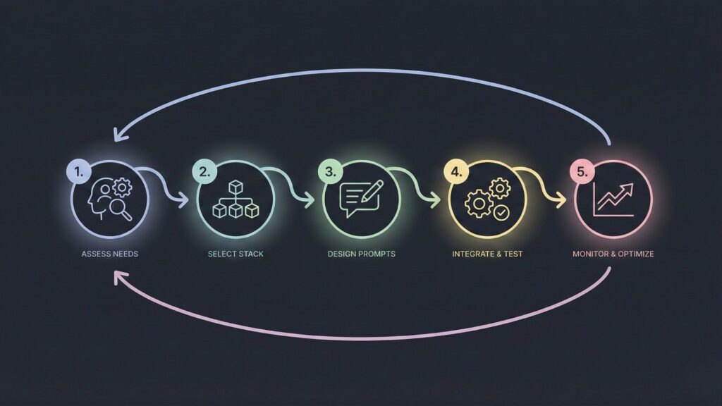 Five-step framework illustrating how to design conversational workflows from assessing needs to monitoring and optimization