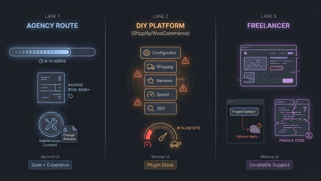 Comparison of furniture website development options showing agency route, DIY ecommerce platforms, and freelancer limitations in cost, speed, and reliability