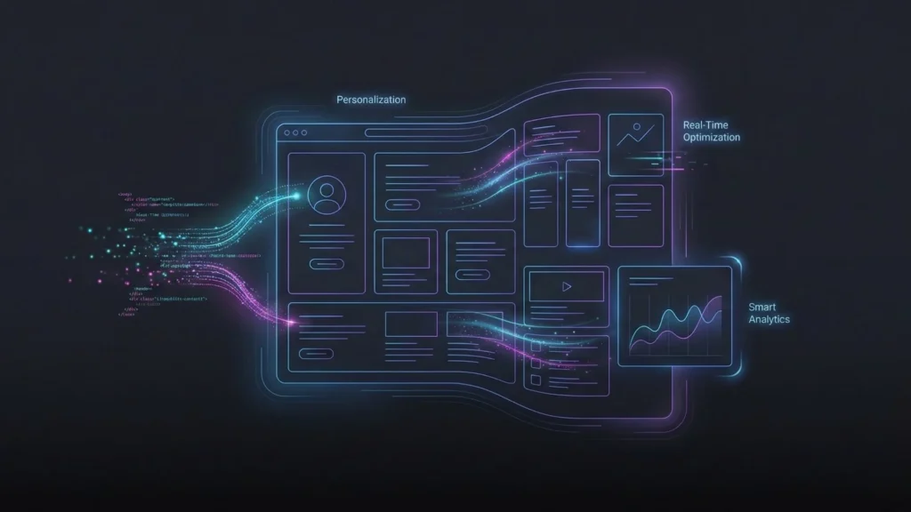 Future of AI website builders showing real-time optimization, personalization, smart analytics, and adaptive page layouts