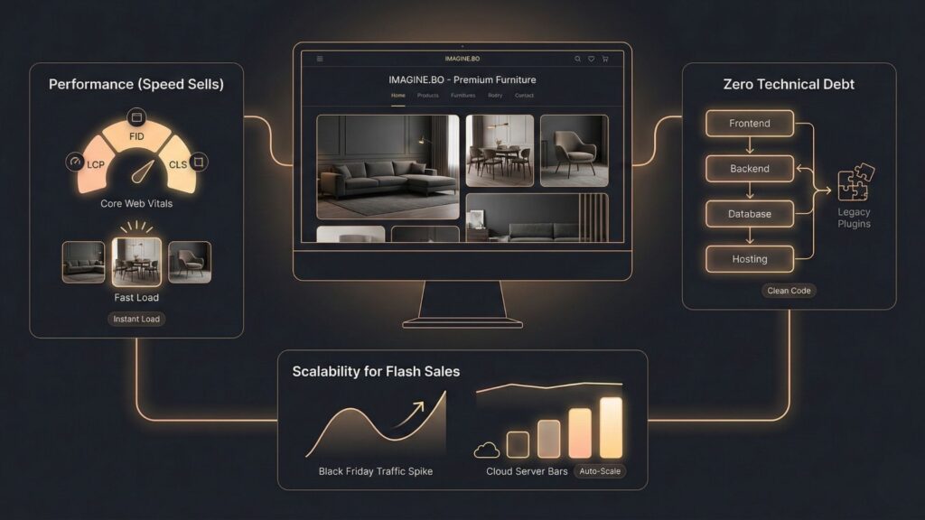 High-performance AI-built furniture ecommerce website illustrating fast load speeds, zero technical debt, and cloud scalability for flash sales
