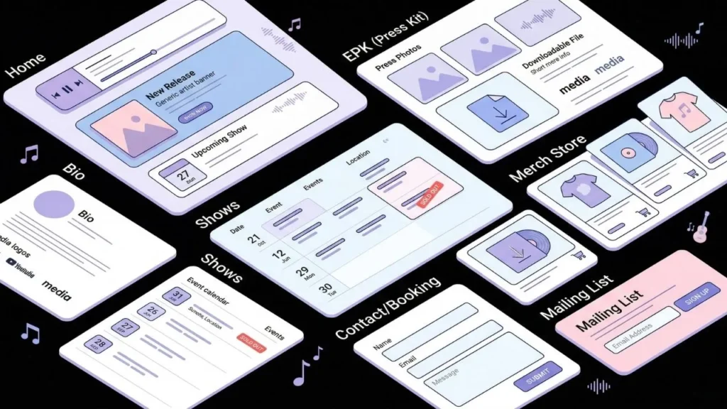 isometric-ui-design-mockups for a music artist website featuring shows