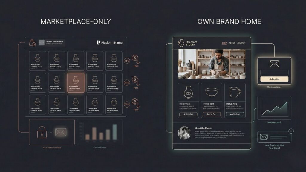 Comparison showing handmade products sold on a shared marketplace versus an independent brand website with owned audience, email list, and sales growth.