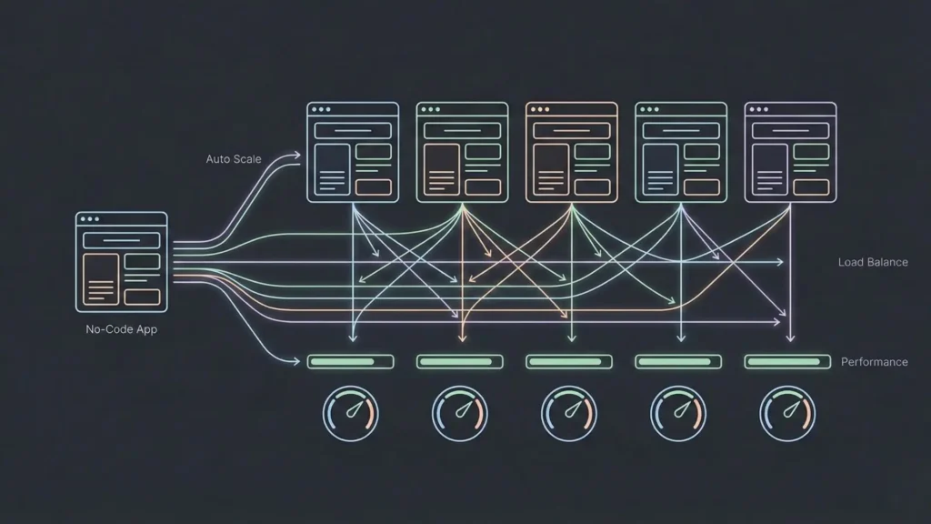 Diagram showing a no-code application automatically scaling across multiple instances with load balancing to maintain performance during traffic spikes.