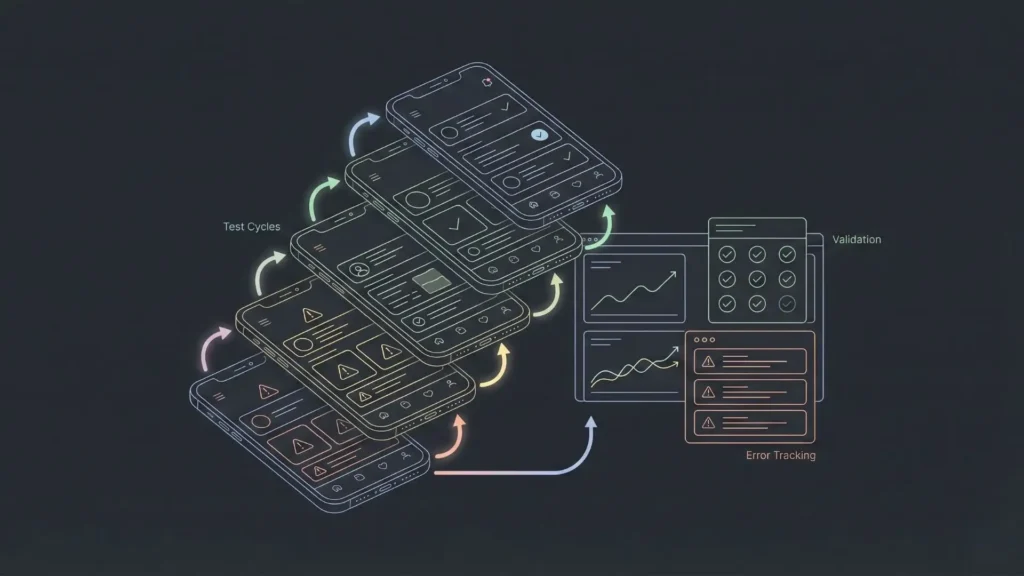 Layered view of a no-code mobile application going through test cycles, validation checks, and error tracking to improve stability and user experience.