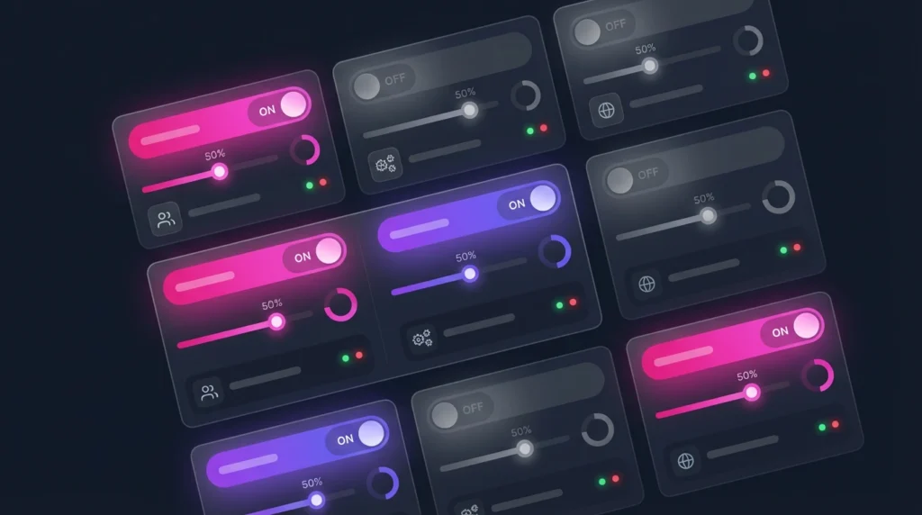 Dashboard of multiple feature toggles with on and off states and sliders