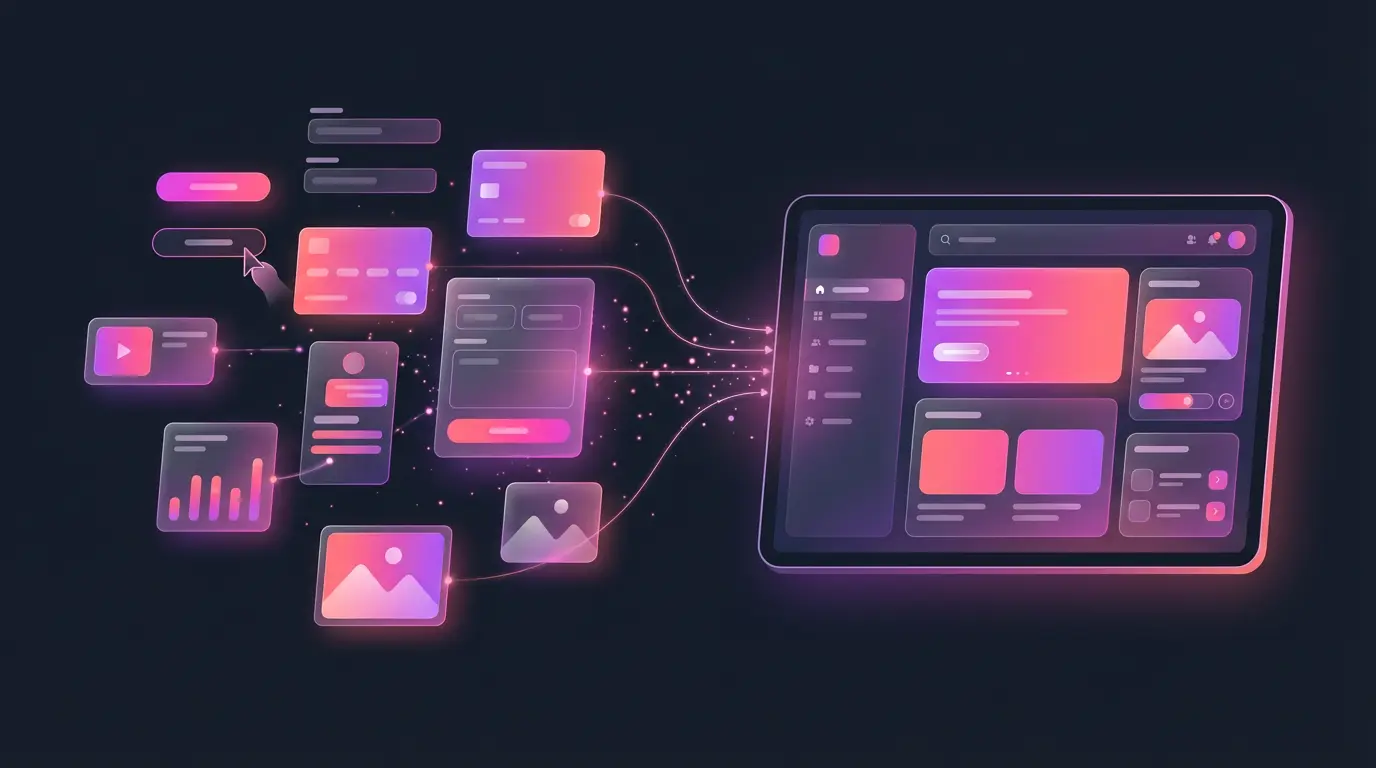 Visual flow of no-code app components connecting to a payment-enabled dashboard