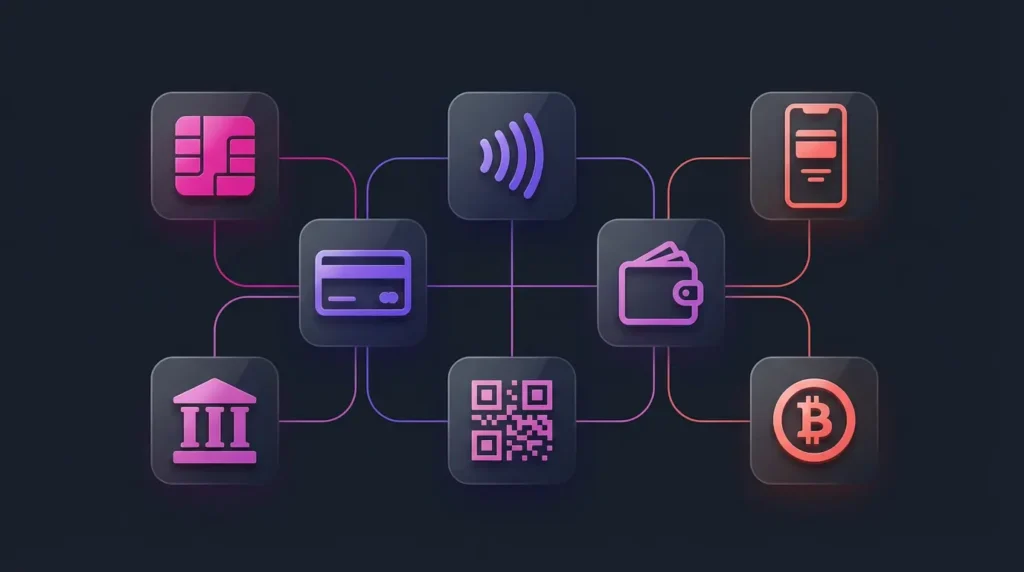 Multiple payment methods integration including cards, wallets, QR codes, and crypto