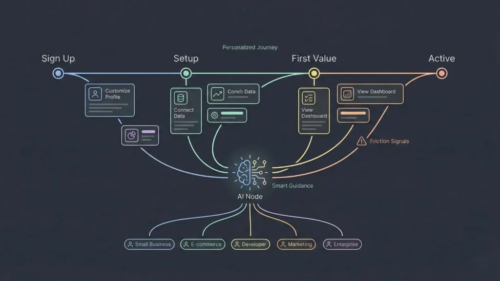Personalized onboarding journey map from sign up and setup to first value and active usage with AI guidance