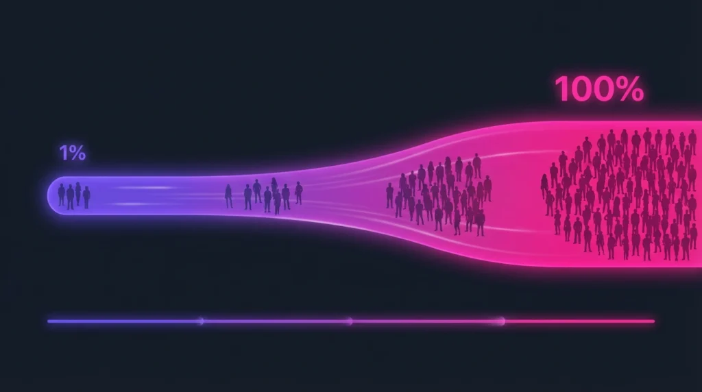 Gradual feature rollout funnel growing from 1% users to 100% adoption