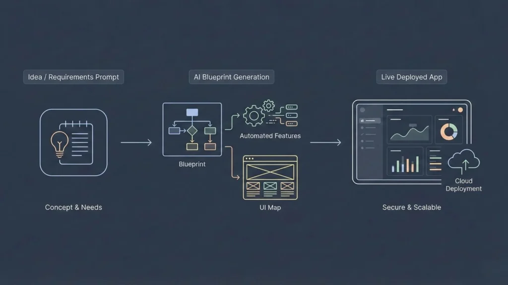 Workflow diagram showing how an idea prompt is transformed into an AI-generated blueprint, automated features, UI mapping, and a secure cloud-deployed application