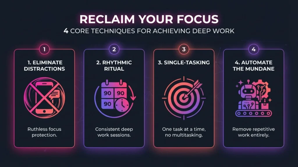 Infographic presenting four deep work techniques: eliminating distractions, establishing rhythmic work rituals, single-tasking, and automating repetitive tasks.