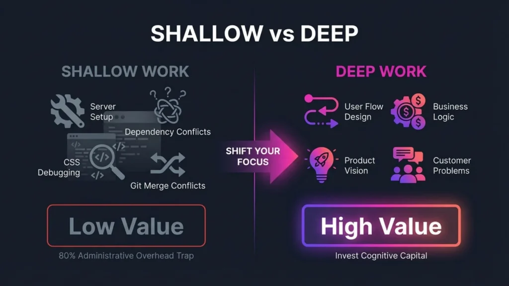 Split graphic comparing low-value shallow work like debugging and setup tasks with high-value deep work such as product vision, user flow design, and solving customer problems.