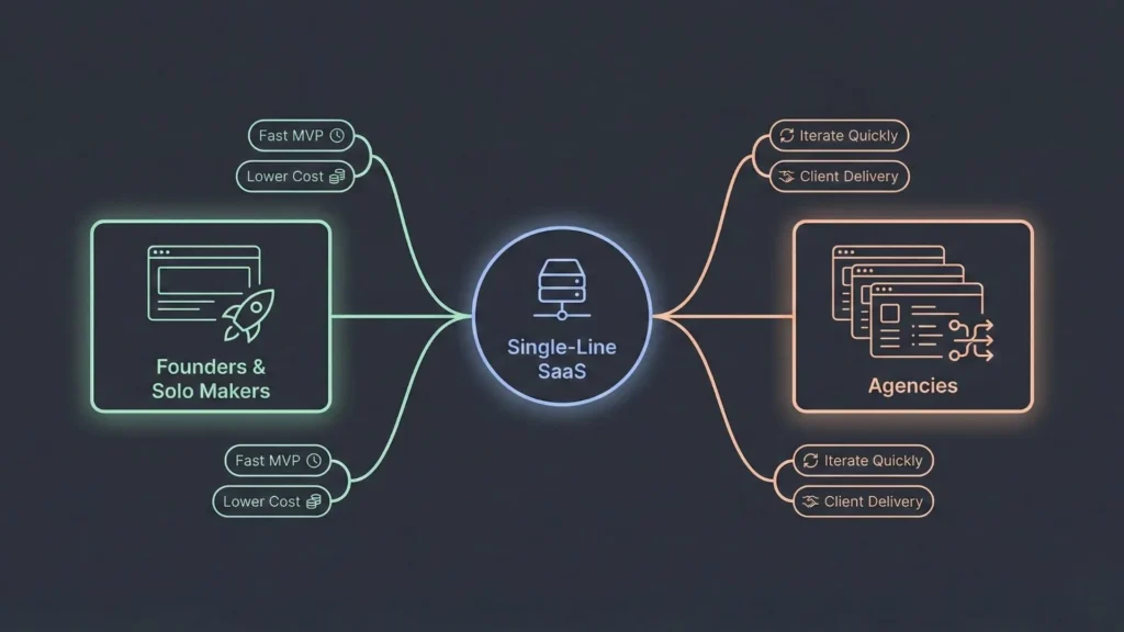 Diagram comparing how founders, solo makers, and agencies use single-line SaaS platforms for fast MVPs, lower cost, and quick client delivery