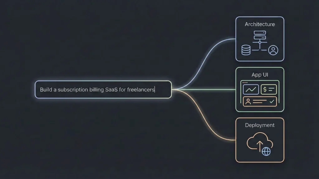 Illustration showing a single-line prompt generating SaaS architecture, application UI, and cloud deployment from one input
