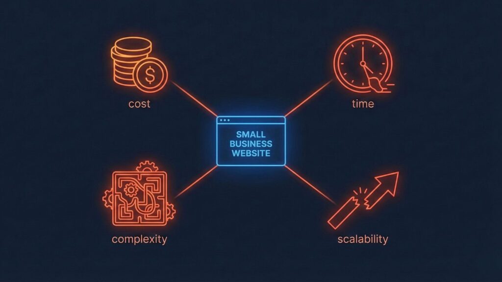 Visual showing common small business website challenges including high cost, time delays, technical complexity, and limited scalability