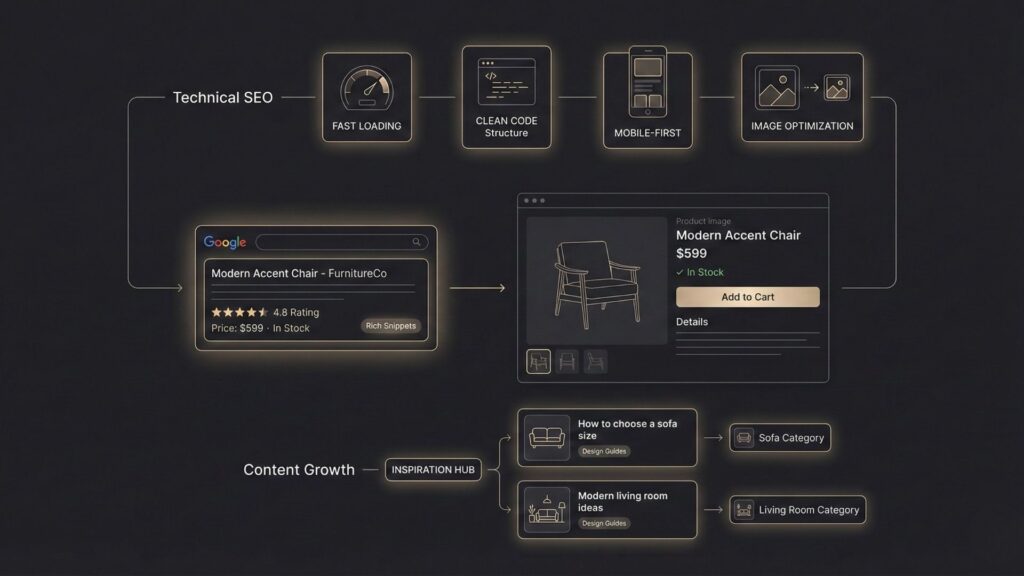 Technical SEO framework for furniture ecommerce showing fast loading pages, clean code, mobile-first design, schema markup, and content growth strategy