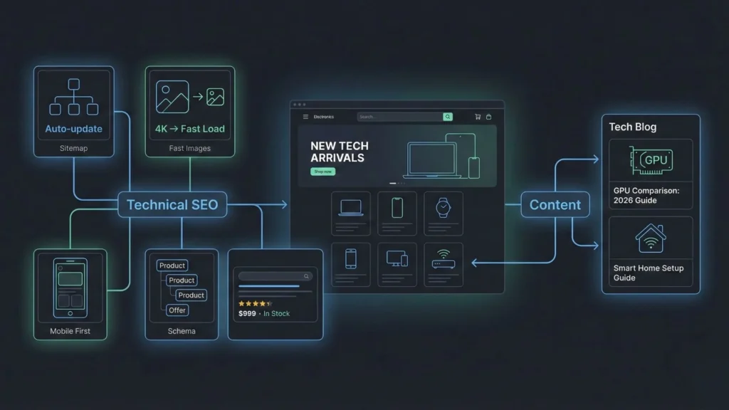 Technical SEO setup for an electronics ecommerce site showing mobile-first design, schema markup, fast image loading, and tech blog content strategy.