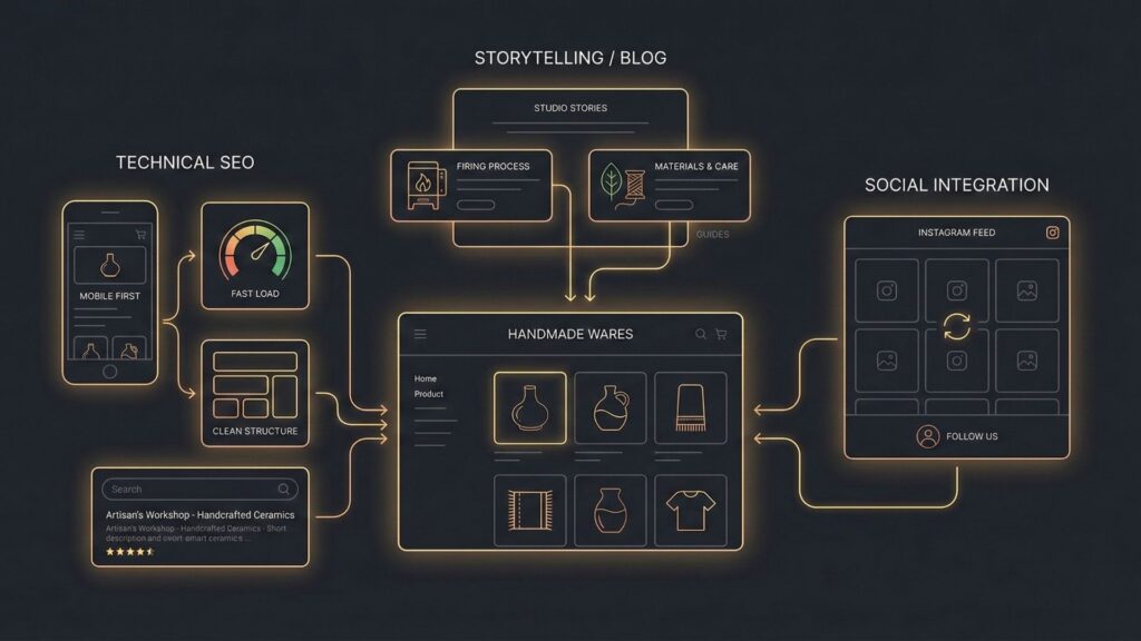 Diagram showing technical SEO, storytelling blog content, and Instagram social integration driving traffic to a handmade online store.