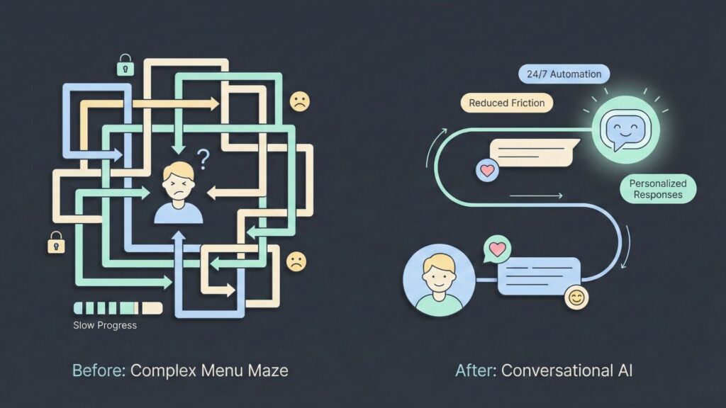 Comparison illustration showing a complex menu-based interface before automation versus a streamlined conversational AI experience after implementation