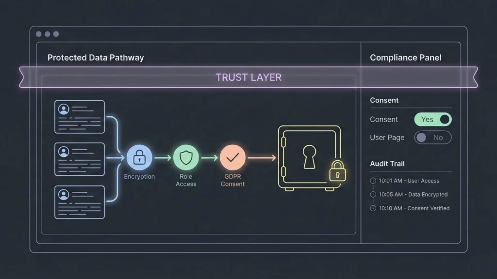 Trust layer diagram showing encryption, role-based access, GDPR consent, and audit trail for secure onboarding