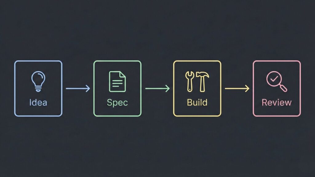 Step by step workflow illustrating Vibe Coding, where an idea is translated into a specification, built by an AI agent, and reviewed by a human instead of written manually in syntax.