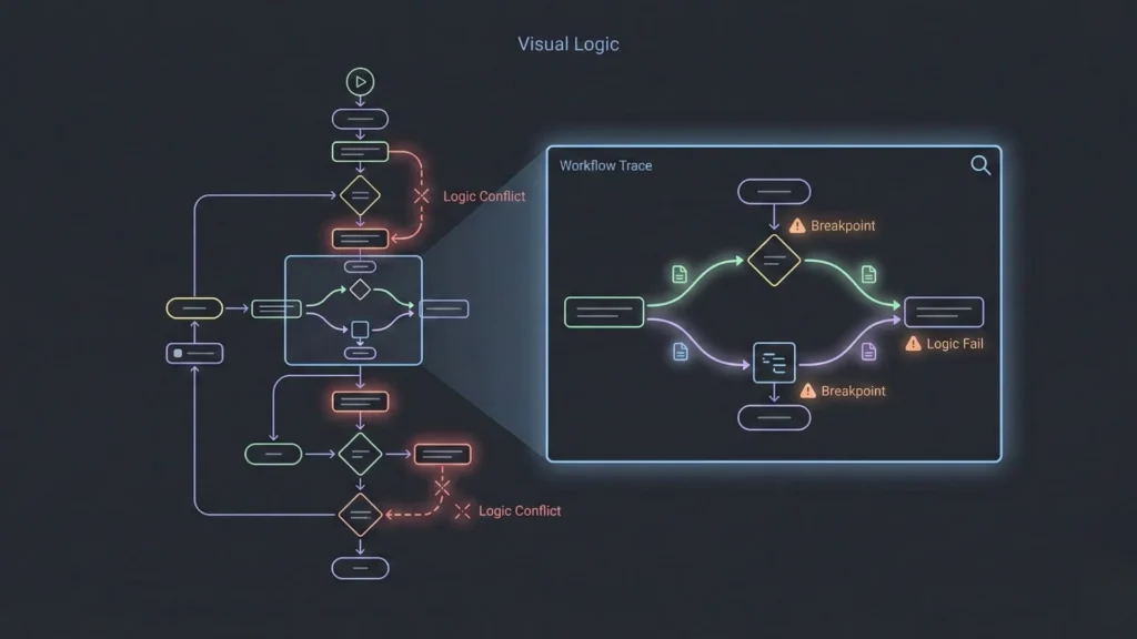 Visual debugging interface highlighting logic conflicts, breakpoints, and workflow traces to help no-code builders isolate and resolve errors efficiently.