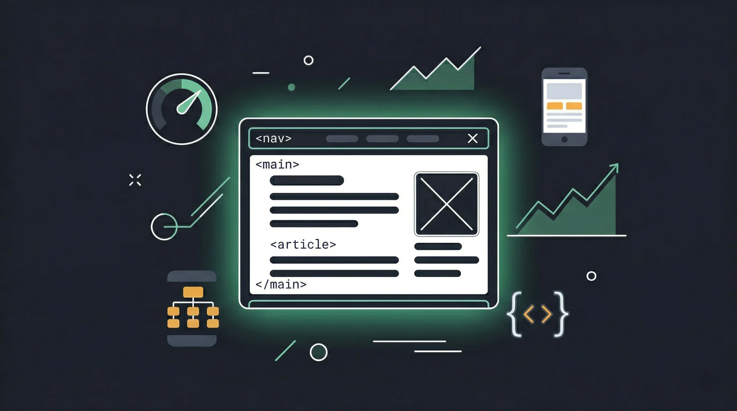 Web design with traffic growing analytics and code elements