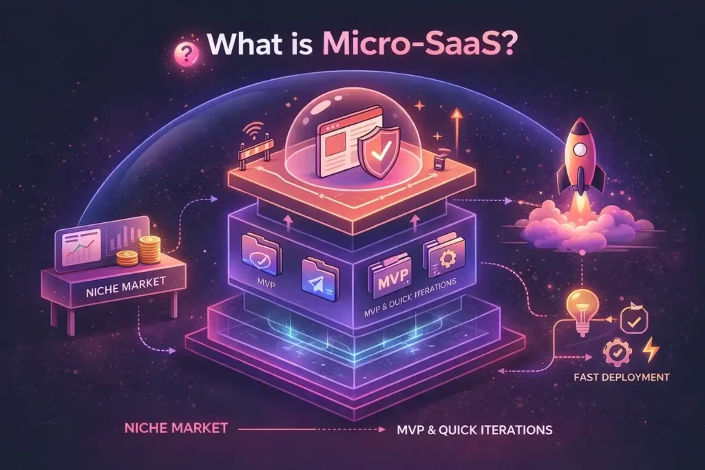 Visual explanation of Micro-SaaS showing niche markets, MVP development, and fast deployment