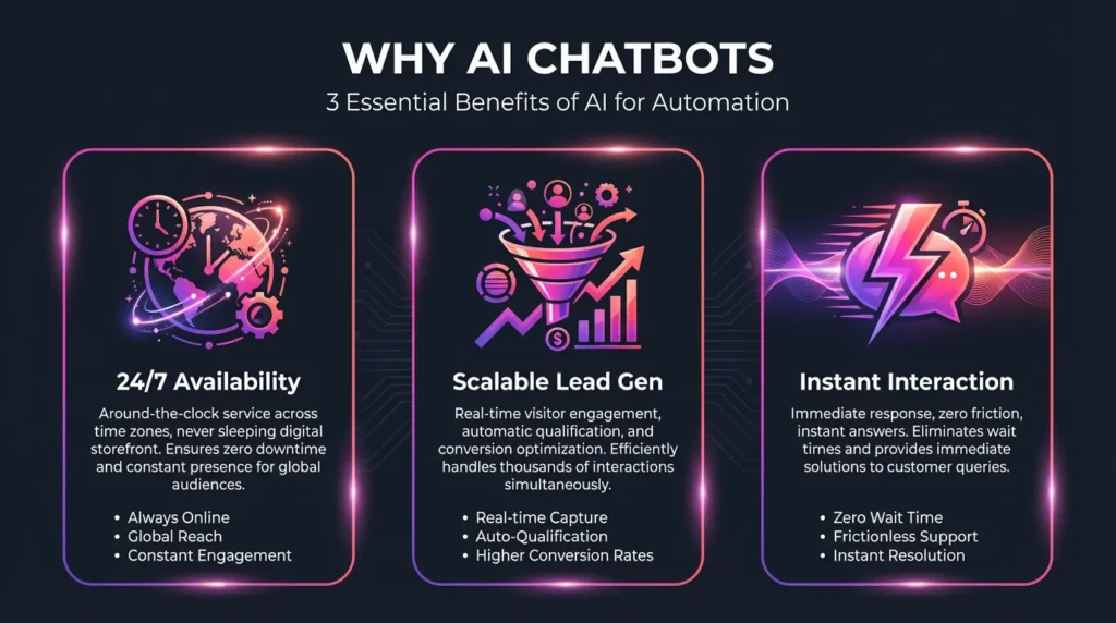 Three benefits of AI chatbots: 24/7 availability, scalable lead generation, and instant responses.