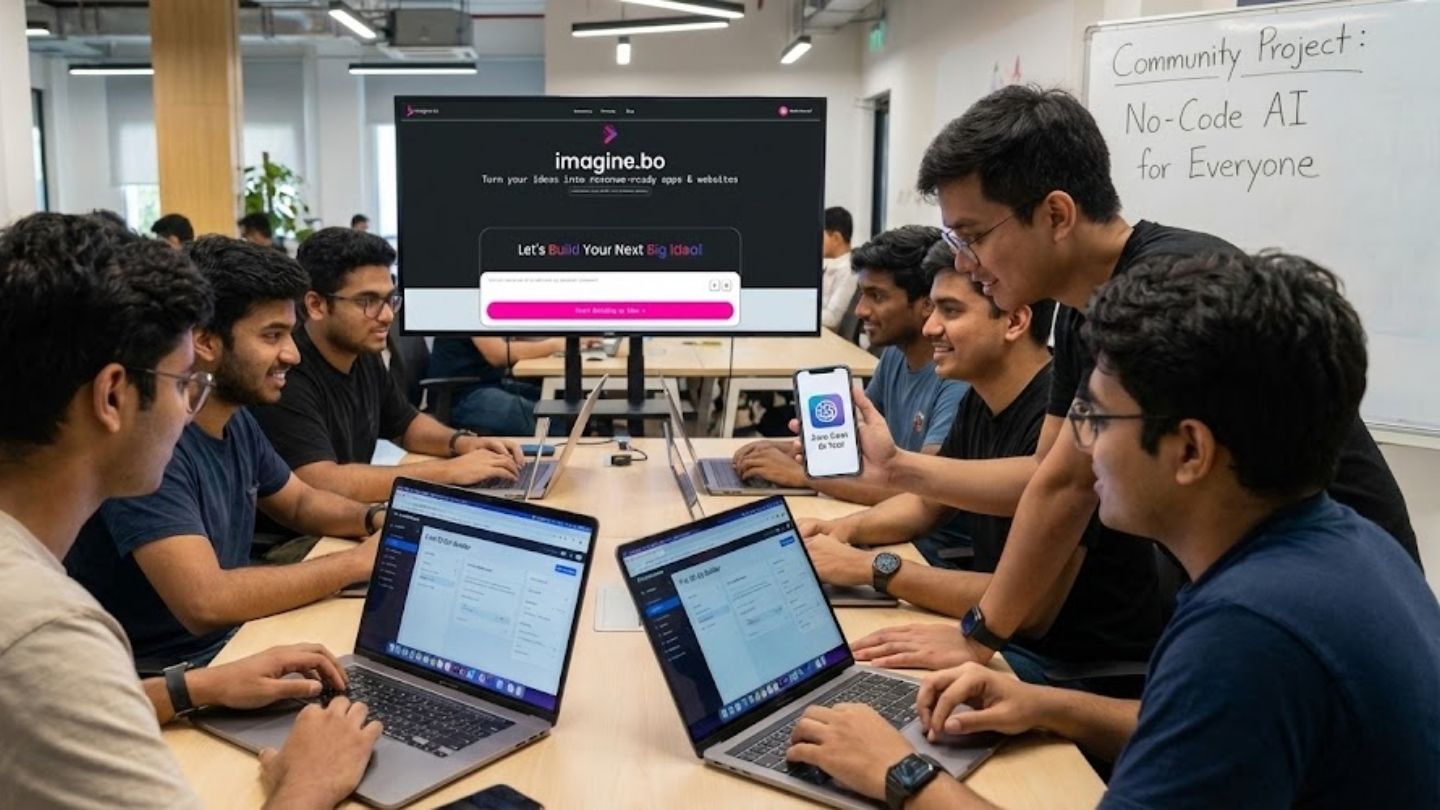 A group of developers collaborate in an office, using laptops and a large monitor displaying the interface of one of the Free AI App Builders called imagine.bo.