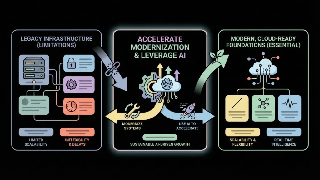 Diagram showing AI-driven modernization from legacy infrastructure limitations to scalable, cloud-ready AI foundations with real-time intelligence