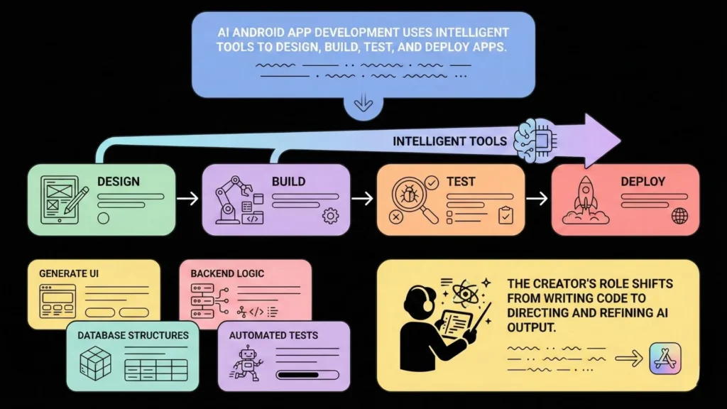 AI-driven Android app development workflow illustrating intelligent tools for design, build, automated testing, and cloud deployment
