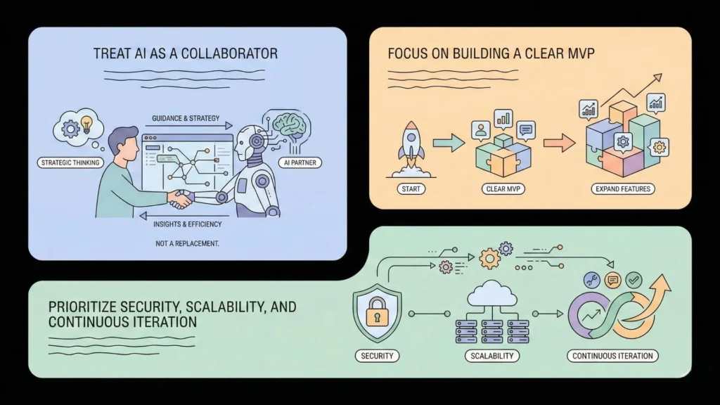 Best practices for AI Android app development including treating AI as a collaborator, building a clear MVP, and prioritizing security and scalability