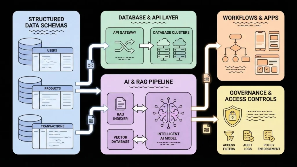 AI application architecture diagram showing structured data schemas, database and API layer, RAG pipeline, workflows, and governance controls