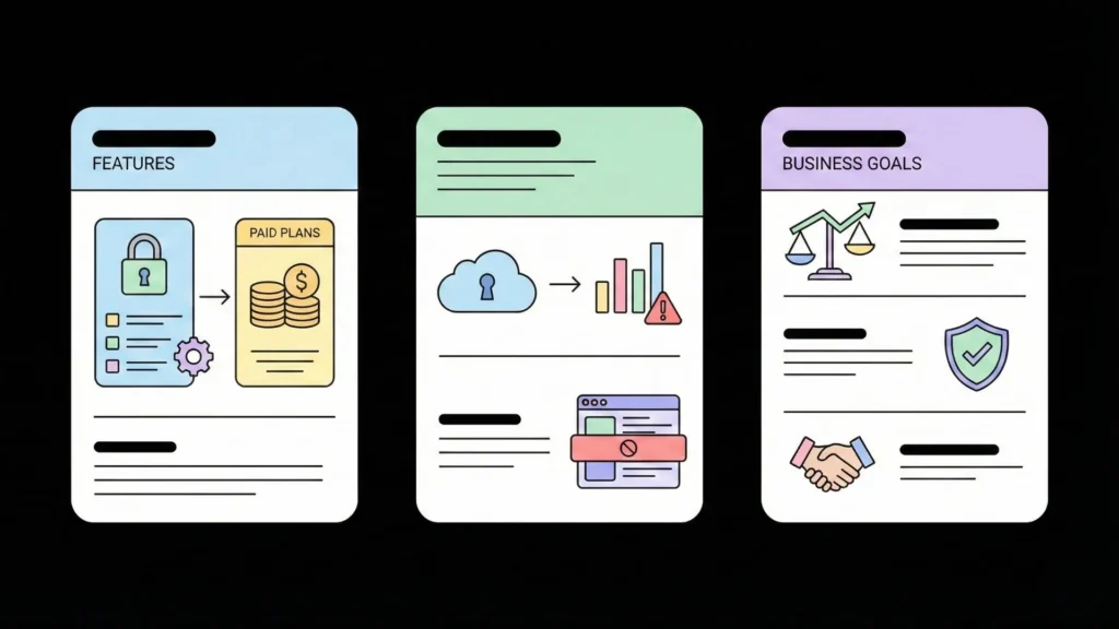Overview of AI app builder features including free and paid plans, cloud security, business goals alignment, and scalable app development infrastructure.