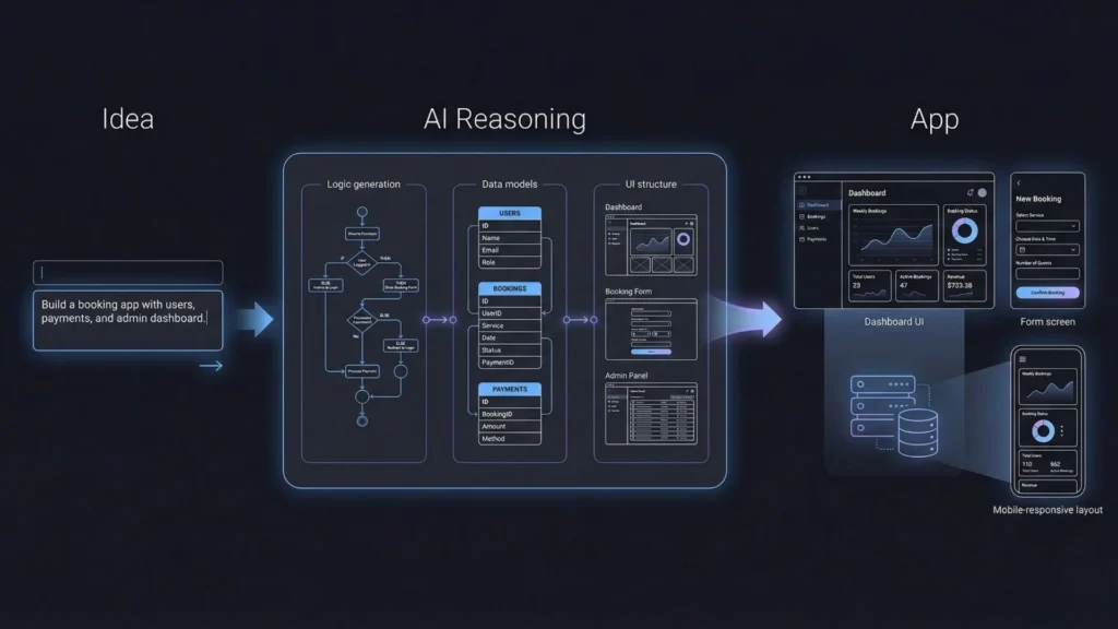 AI app builder workflow showing how a simple idea is transformed into logic, data models, UI structure, and a fully functional application