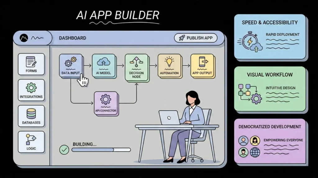 AI app builder dashboard showing no-code visual workflow with data input, AI model, decision nodes, automation, and app output modules