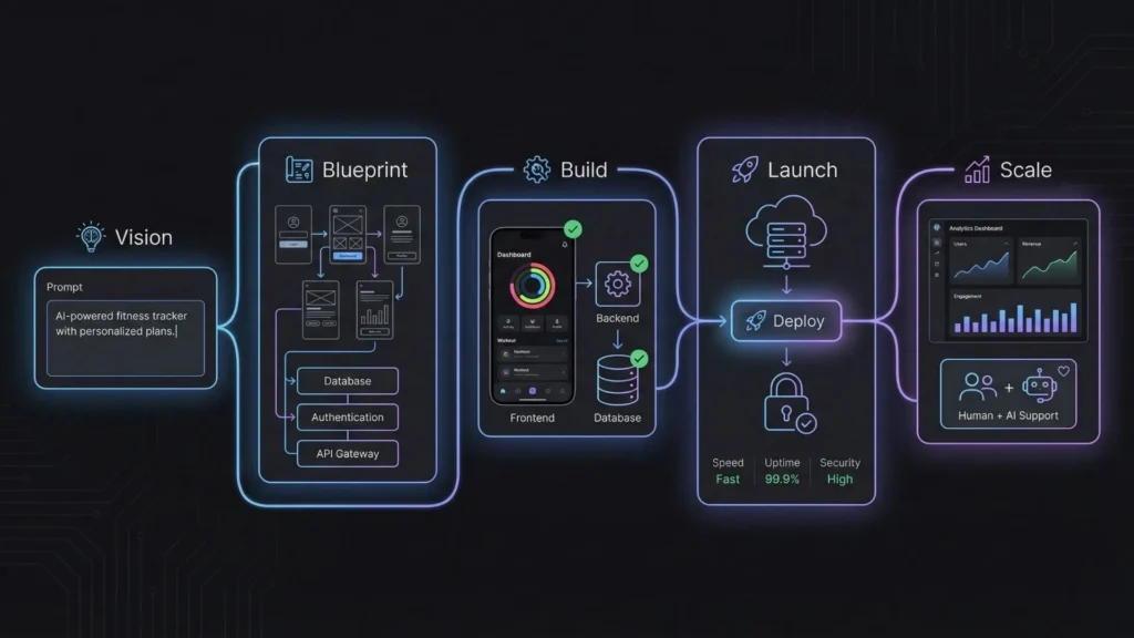 AI-powered app development process showing vision, blueprint, build, launch, and scalable deployment stages
