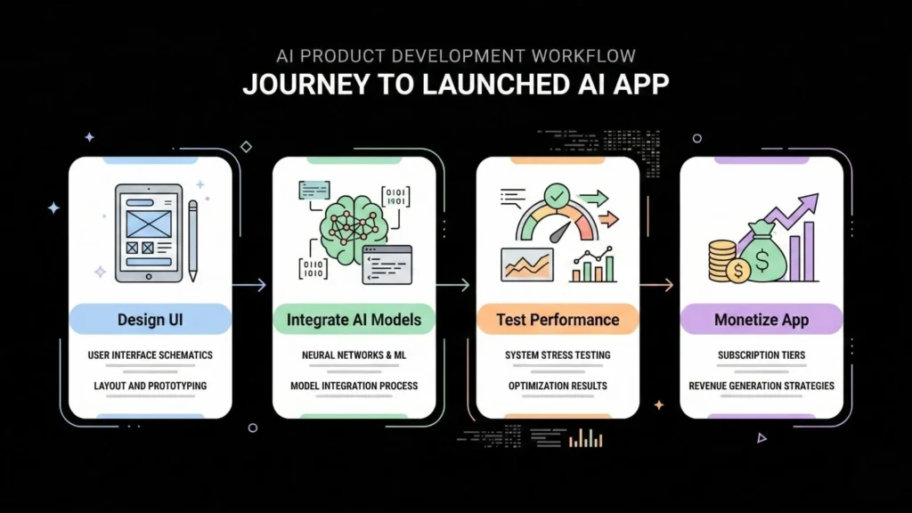 AI app development workflow showing user interface design, AI model integration, performance testing, and monetization strategy