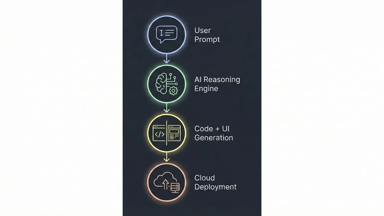 Vertical flow illustrating the AI app development process from user prompt through reasoning, code generation, and cloud deployment.