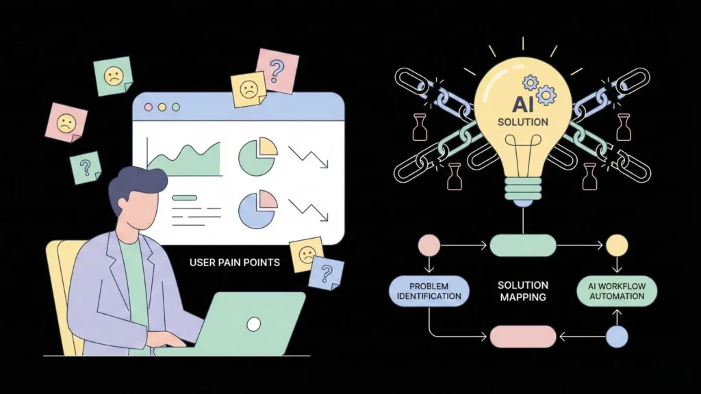 Entrepreneur identifying user pain points and mapping AI workflow automation to validate an AI app idea