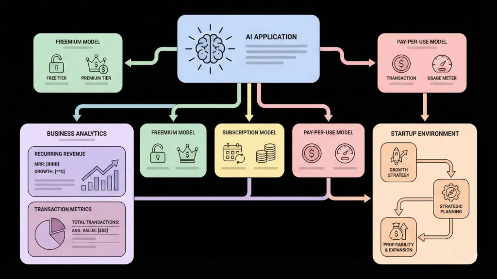 AI application monetization strategies including freemium, subscription, pay-per-use models, business analytics, and startup growth planning