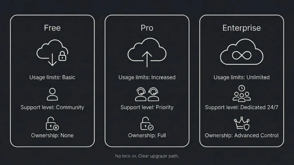 Pricing comparison showing free, pro, and enterprise AI app plans with differences in usage limits, support, and ownership.