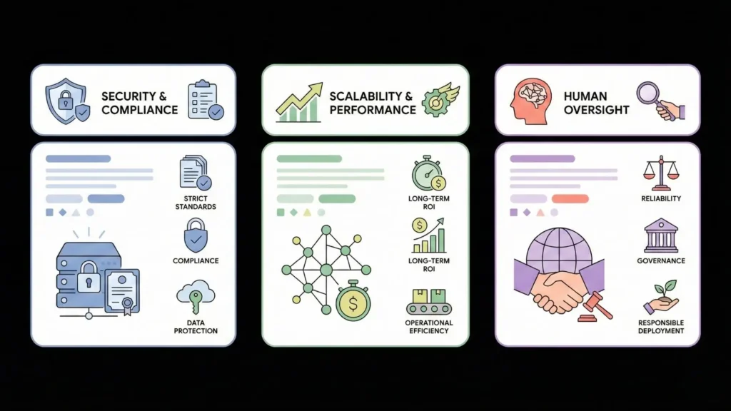 Enterprise AI application framework emphasizing compliance, data protection, scalability, performance optimization, governance, and responsible human oversight