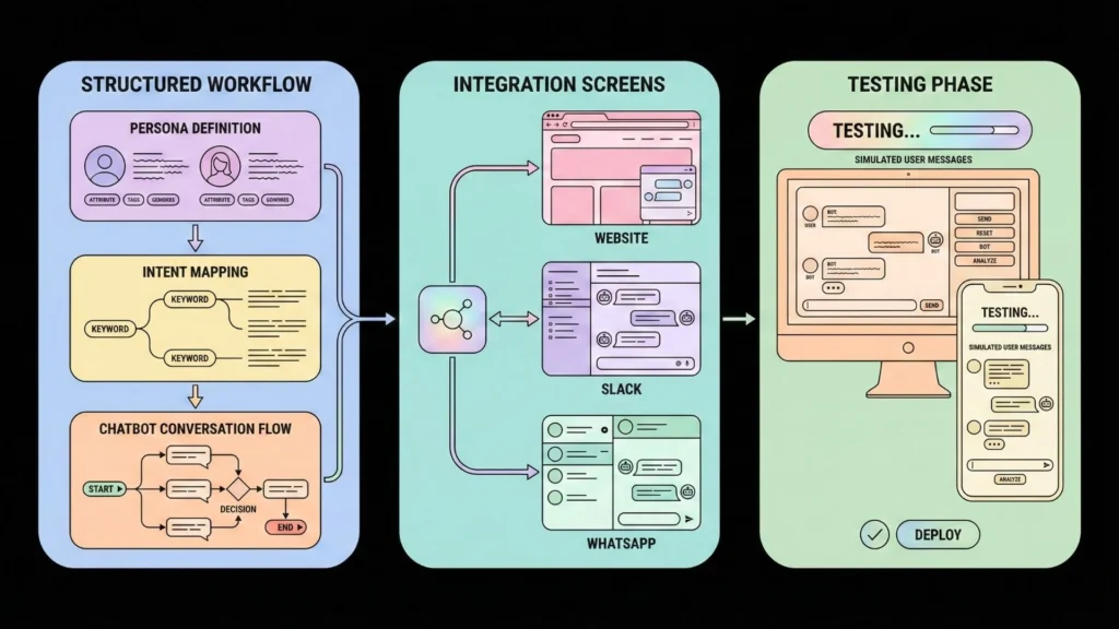 Structured AI chatbot development workflow including persona definition, intent mapping, integration with website, Slack and WhatsApp, and testing phase