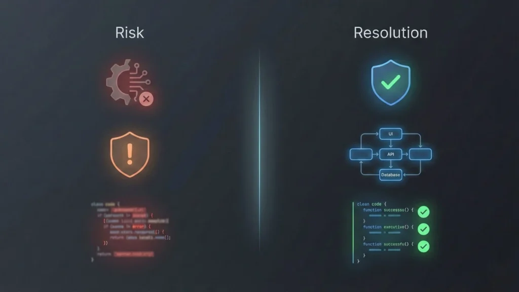 Comparison between AI-generated code risks and secure, clean system architecture with validated logic and APIs