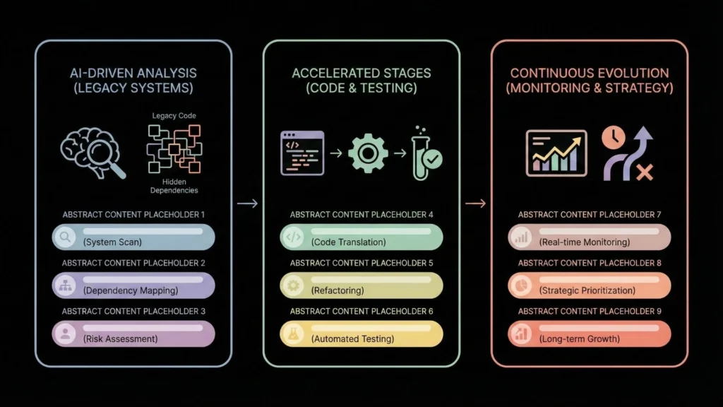 AI-powered modernization workflow covering legacy system analysis, automated code refactoring, dependency mapping, and continuous performance monitoring